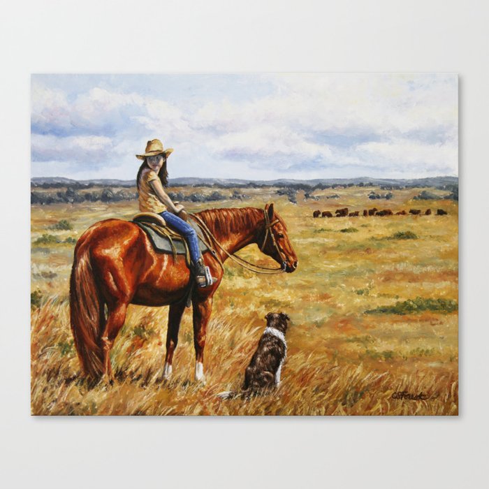 Young Cowgirl on Cattle Horse Canvas Print