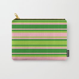 [ Thumbnail: Forest Green, Green, and Light Pink Colored Lined Pattern Carry-All Pouch ]