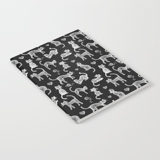 Teacher's Pet - chalk board cat pattern - white on black Notebook