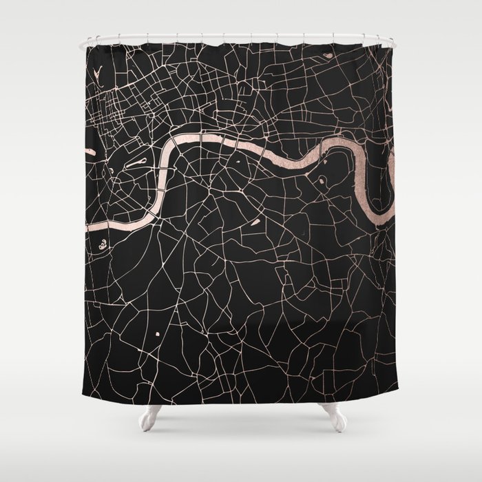 London Black on Rosegold Street Map Shower Curtain