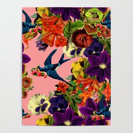 Vintage Swallow Floral Pink Poster