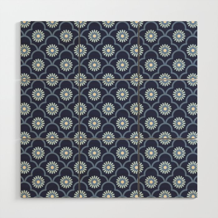 Ethnic Ogee Floral Pattern Blue Wood Wall Art