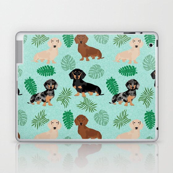 dachshund summer tropical monstera palms dog breed pure breed pets Laptop & iPad Skin