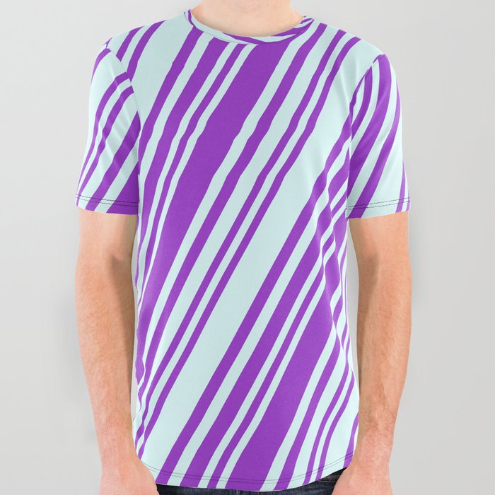 Dark Orchid & Light Cyan Colored Stripes/Lines Pattern All Over Graphic Tee