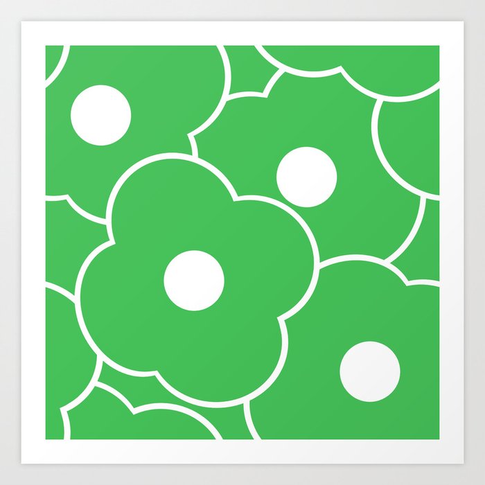 Large-Scale Pop-Art White Flowers on Grass Green Background Art Print