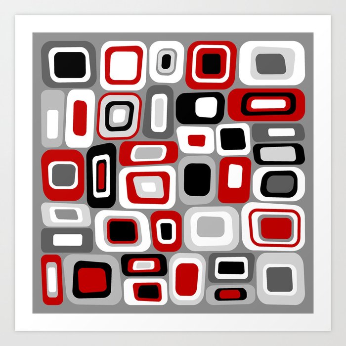 Mid Century Modern Squares and Rectangles // Red, Gray Black, White Art Print