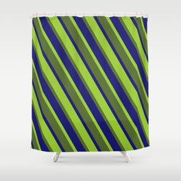 [ Thumbnail: Green, Dark Olive Green, and Midnight Blue Colored Pattern of Stripes Shower Curtain ]