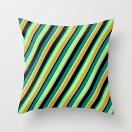 [ Thumbnail: Green, Goldenrod, Black, and Teal Colored Lined/Striped Pattern Throw Pillow ]