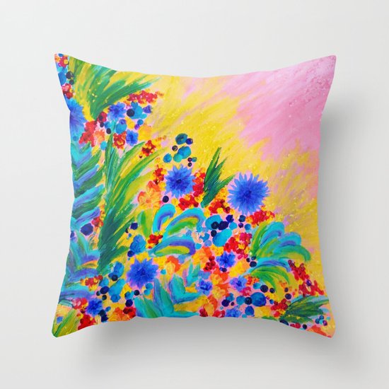 NATURAL ROMANCE in PINK - October Floral Garden Sweet Feminine Colorful Rainbow Flowers Painting Throw Pillow