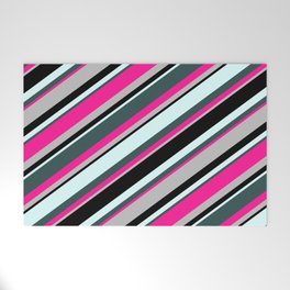 [ Thumbnail: Colorful Light Cyan, Dark Slate Gray, Deep Pink, Grey & Black Colored Lines/Stripes Pattern Welcome Mat ]