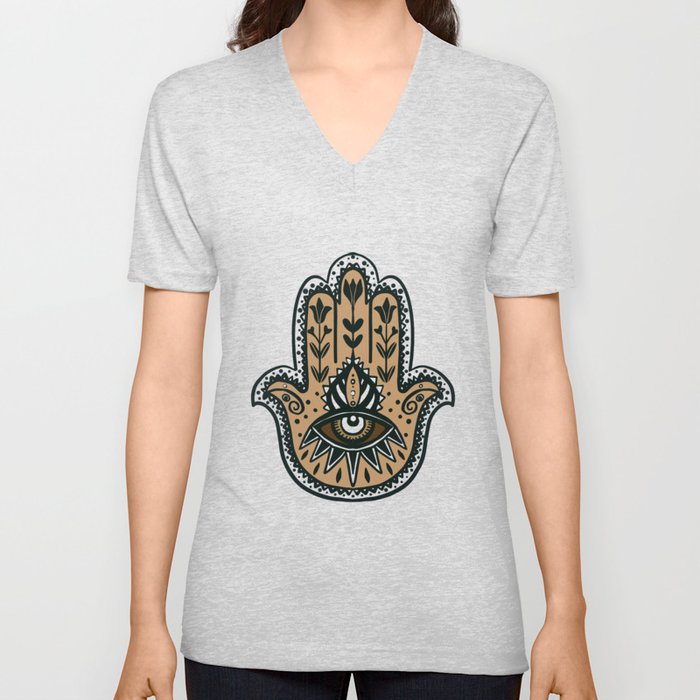 Hamsa Evil Eye  | Hamsa Folk Art beige | Hamsa Floral V Neck T Shirt