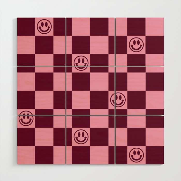Smiley Faces On Checkerboard (Pink & Wine Burgundy)  Wood Wall Art