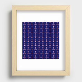 Stylish Nautical Navy Blue Rose Gold Glitter Anchors Recessed Framed Print