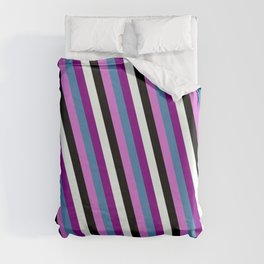 [ Thumbnail: Eyecatching Blue, Orchid, Black, Mint Cream & Purple Colored Stripes Pattern Duvet Cover ]