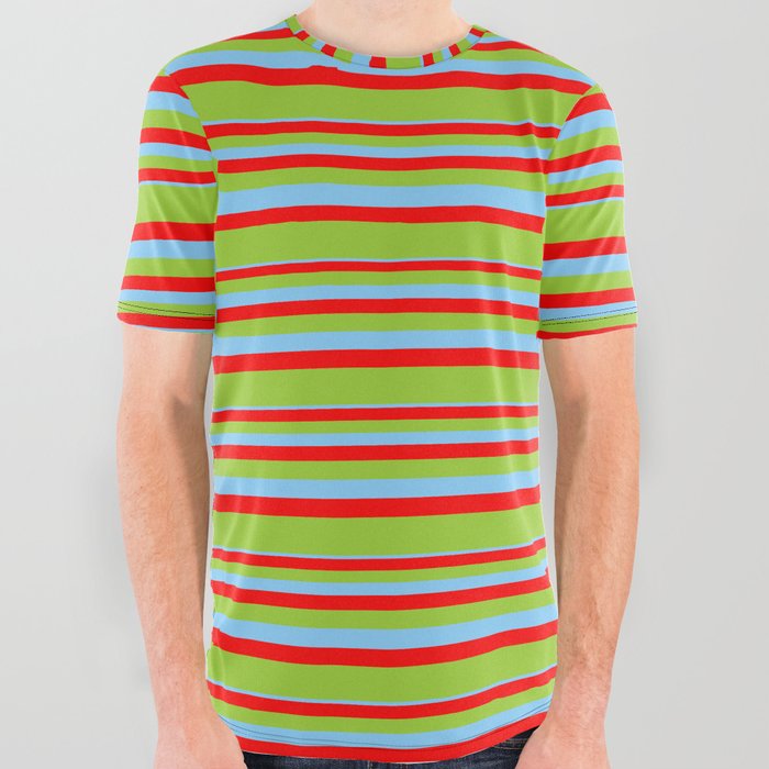 Light Sky Blue, Red & Green Colored Lines/Stripes Pattern All Over Graphic Tee