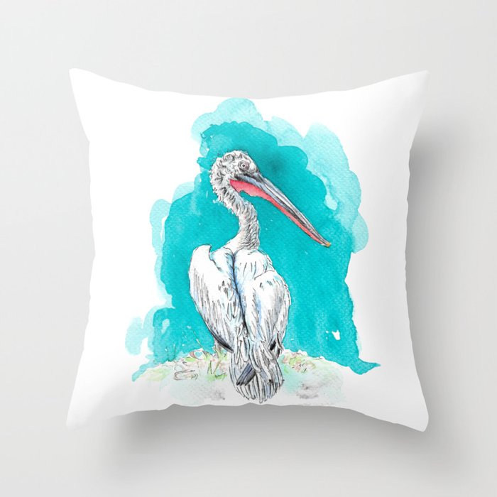 Pelican watercolor illustration. Throw Pillow