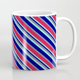 [ Thumbnail: Aquamarine, Blue, Light Slate Gray & Crimson Colored Lines/Stripes Pattern Coffee Mug ]