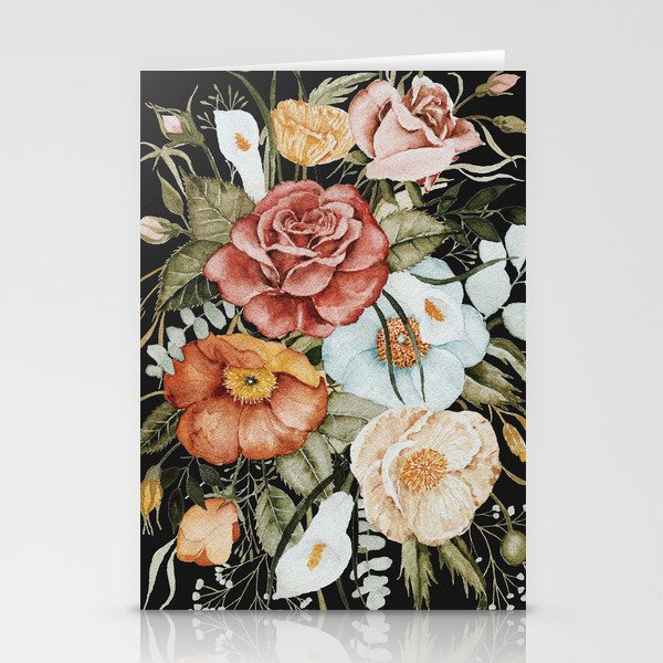 Roses and Poppies Bouquet on Charcoal Black Stationery Cards