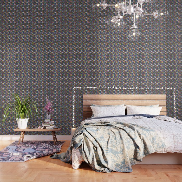 Coral Mustard Midnight Blue And Grey Cat Pattern Wallpaper By Jenwarman