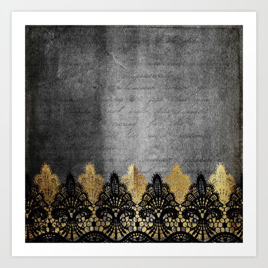 Pure elegance II - Luxury Gold and black lace on grunge dark backround Art Print