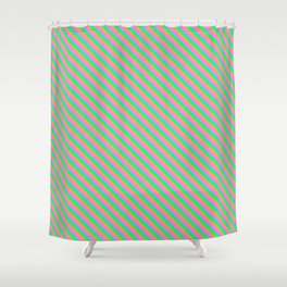 [ Thumbnail: Brown, Violet, and Green Colored Stripes Pattern Shower Curtain ]