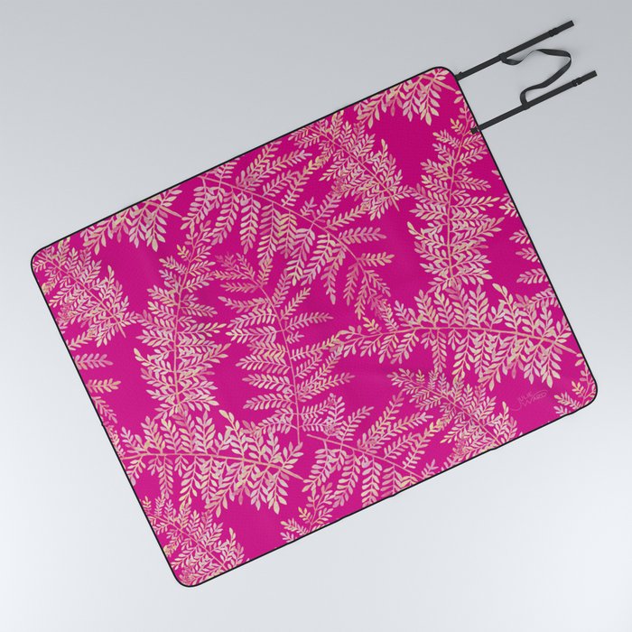 Watercolor Fern Pattern - Cream on Pink Picnic Blanket