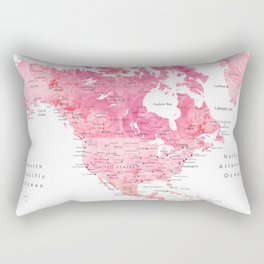 Pink detailed watercolor world map with cities Azalea Rectangular Pillow