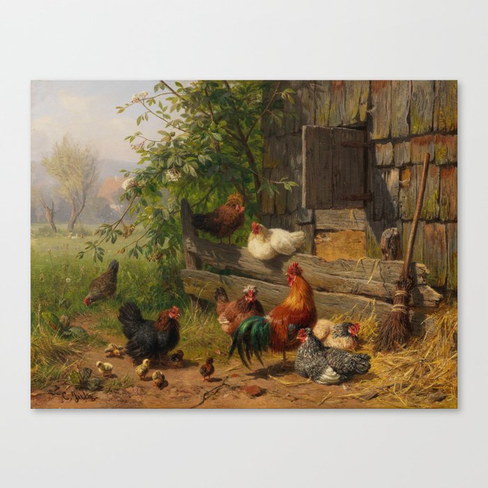 Chickens & Roosters on Farmland Art Canvas Print