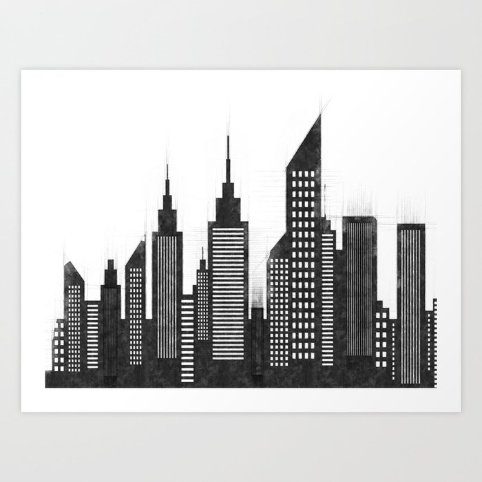 Modern City Buildings And Skyscrapers Sketch, New York Skyline, Wall Art Poster Decor, New York City Art Print