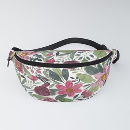 Mauve Pink Forest Green Watercolor Flowers Leaves Fanny Pack