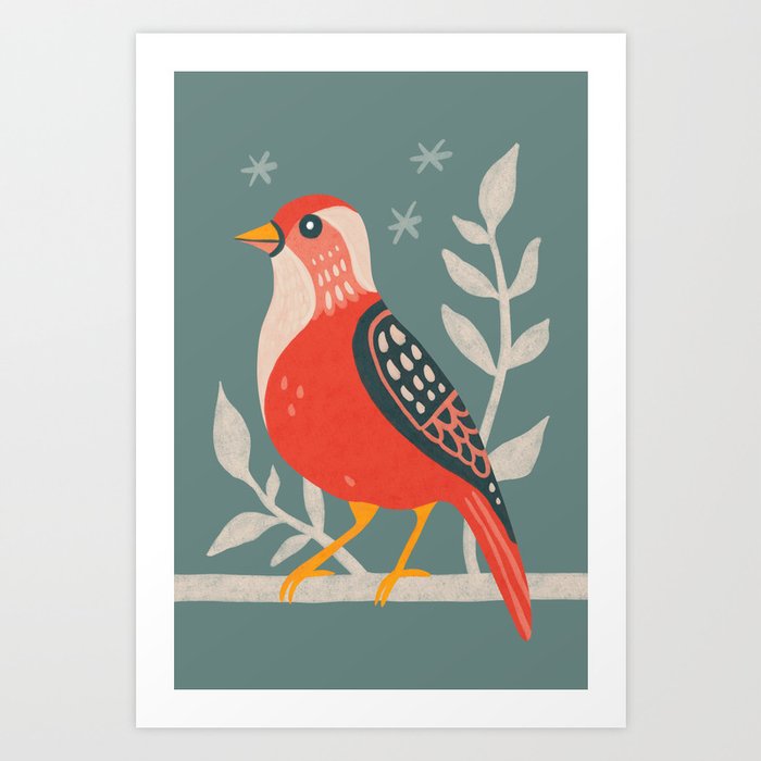 Red folky songbird Art Print
