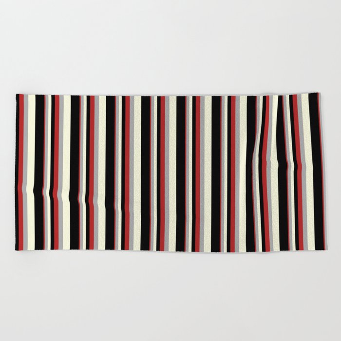 Red, Dark Gray, Beige & Black Colored Lines/Stripes Pattern Beach Towel