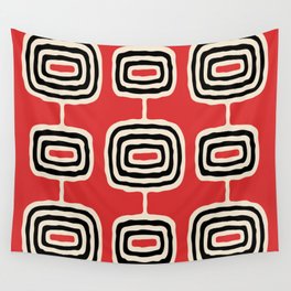 Mid Century Modern Atomic Rings Pattern 222 Black Beige and Red Wall Tapestry