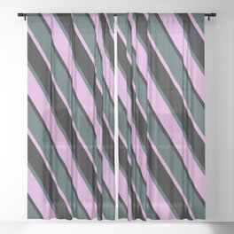 [ Thumbnail: Dark Slate Gray, Plum & Black Colored Stripes Pattern Sheer Curtain ]