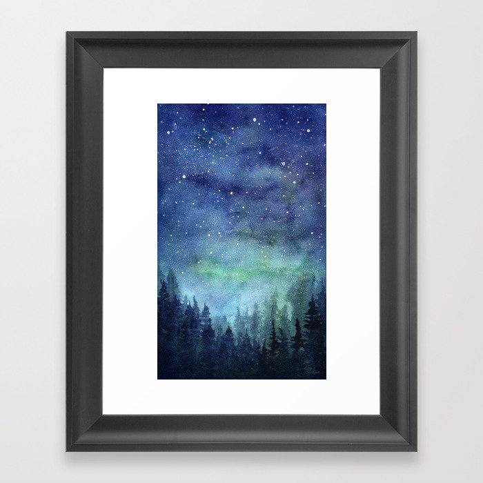 Watercolor Galaxy Nebula Northern Lights Painting Framed Art Print