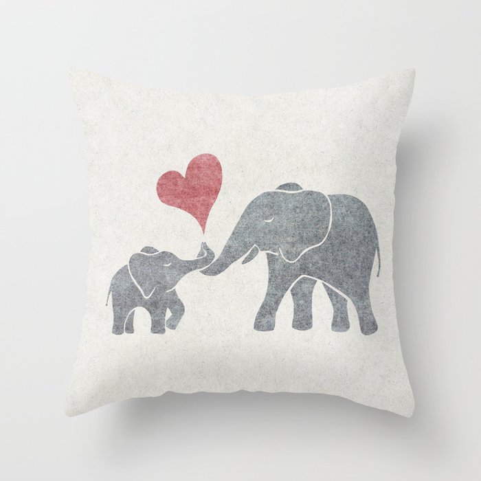 Elephant Hugs with Heart in Muted Gray and Red Throw Pillow