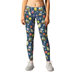 Colorful pattern with easter chicks, easter nests, tulips, daffodils, crocuses, wood anemones Leggings