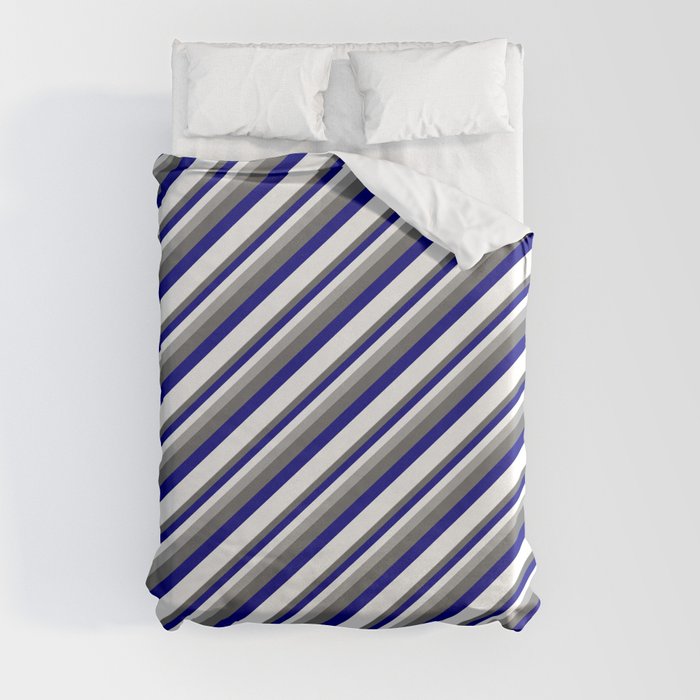 Dark Gray, Dim Gray, Blue & White Colored Striped Pattern Duvet Cover
