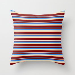 [ Thumbnail: Blue, Tan, and Maroon Colored Lined Pattern Throw Pillow ]