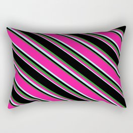 [ Thumbnail: Black, Forest Green, Deep Pink & Turquoise Colored Lined Pattern Rectangular Pillow ]