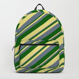 [ Thumbnail: Slate Gray, Dark Green & Tan Colored Lines/Stripes Pattern Backpack ]