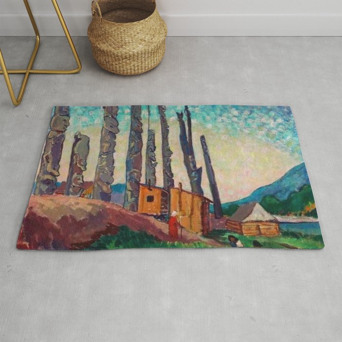 Gitwangak, Skeena River; Queen Charlotte Islands first nation totem poles riverside mountain landscape painting by Emily Carr for home, bedroom, & wall decor Rug
