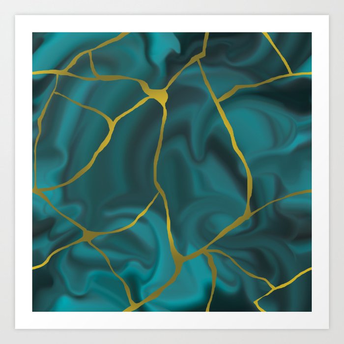 Kintsugi Marble Pattern - Turquoise Gold Art Print