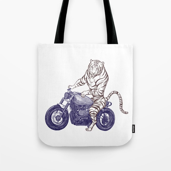 Tiger on a Motorcycle Tote Bag | Drawing, Digital, Tiger, Animal, Wildanimal, Motorcycle, Motorbike, Motorsports, Wildlife, Cool