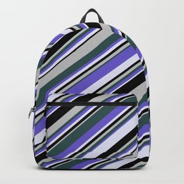 [ Thumbnail: Eyecatching Grey, Dark Slate Gray, Slate Blue, Lavender, and Black Colored Lines/Stripes Pattern Backpack ]