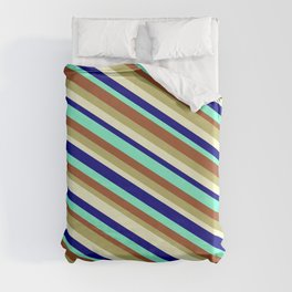 [ Thumbnail: Eye-catching Sienna, Dark Khaki, Light Yellow, Blue, and Aquamarine Colored Striped/Lined Pattern Duvet Cover ]