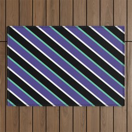 [ Thumbnail: Aquamarine, Dark Slate Blue, White, and Black Colored Striped/Lined Pattern Outdoor Rug ]
