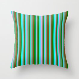 [ Thumbnail: Eye-catching Brown, Green, Cyan, Plum, and Sea Green Colored Stripes Pattern Throw Pillow ]