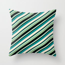 [ Thumbnail: Dark Cyan, Beige, Dark Sea Green, and Black Colored Lines/Stripes Pattern Throw Pillow ]