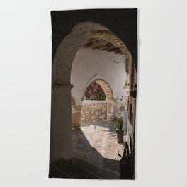 Sunny Peek Through in Greek Village | Stone Alley with Flowers | Ancient Town on the Cycladic Islands in Mediterranean Area | Travel Photography Beach Towel